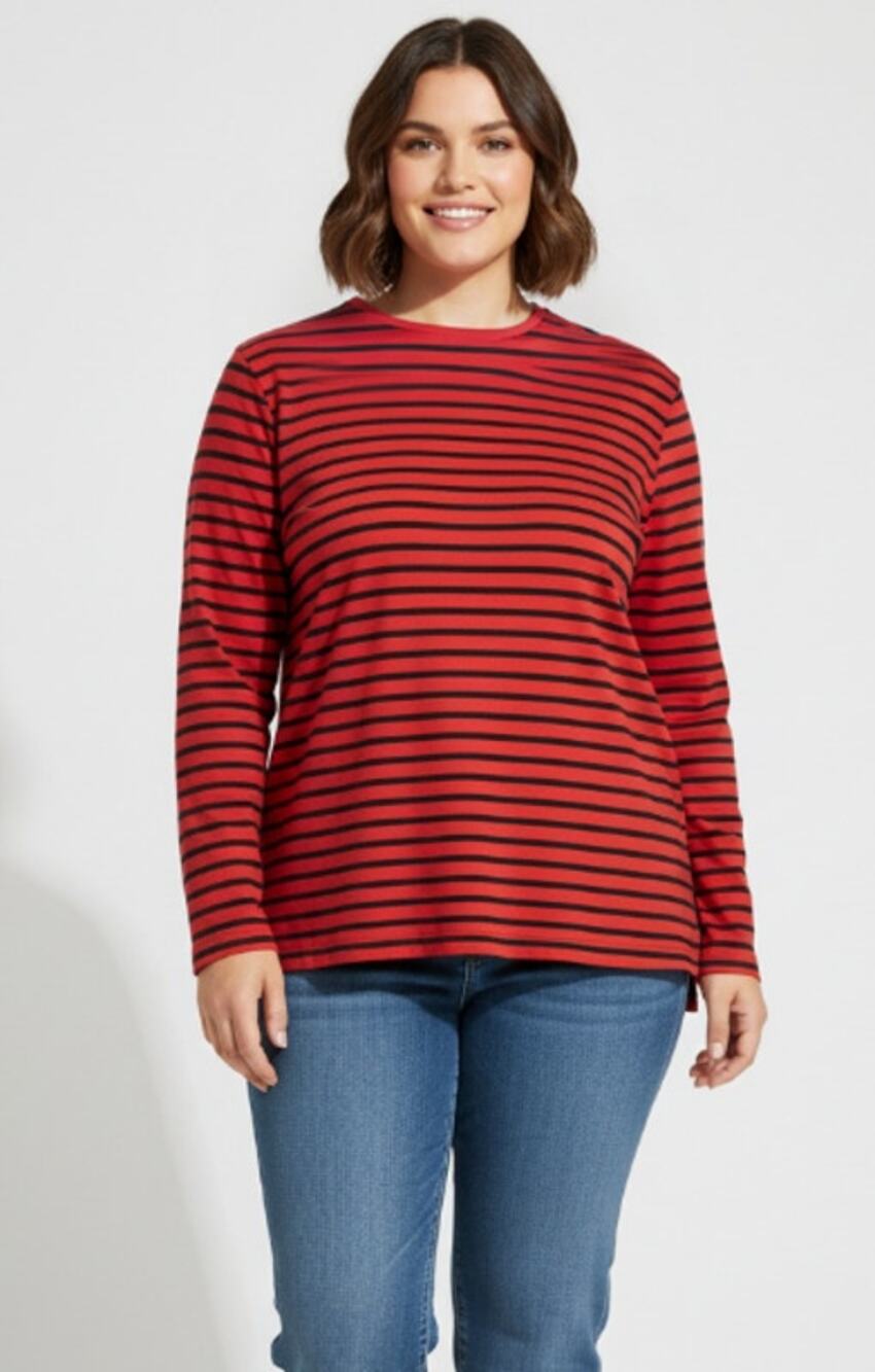 LAUREN RALPH LAUREN WOMENS PLUS 2XLARGE COTTON STRETCH STRIPE T-SHIRT RED BLACK